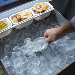 restaurant worker scooping ice from a commercial ice machine