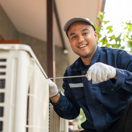 hvac technician performing maintenance on an outdoor a/c unit