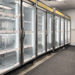 Row of empty glass-door commercial refrigerators on wheels in a clean storage room.
