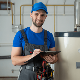 Maintenance technician in a blue cap and overalls, holding a clipboard in an industrial room.